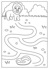Help the lion to find its way through the path, Maze worksheet full color in theme animals, lion labyrinth activity for kids, balck and white maze printable for kindergarten, maze coloring page