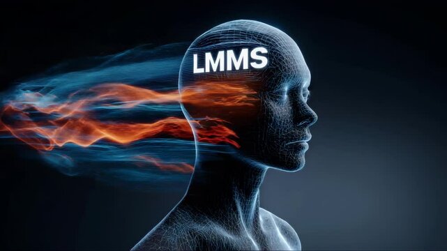 Human head with LMMS label and data flow, visualizing large multimodal AI models and cognitive