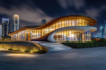 Modern, organic cafe at night