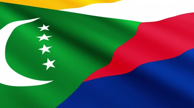 Comoros Flag Waving Gently in the Wind, Close-Up Full-Frame Perspective, Soft Fabric Texture, Slow Motion, Natural Movement, Waving Flag Background