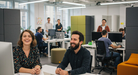 Obraz premium Two joyful colleagues laughing in a bright modern office teamwork collaboration happy work