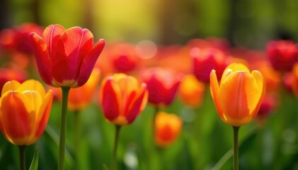 Obraz premium Vibrant tulips in a spring garden bursting with color , purple, spring colors
