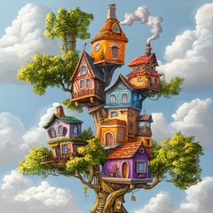 Colorful treetop village nestled in the clouds