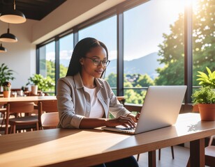 Young professional woman working remotely at a cafe, modern laptop, casual outfit, bright daylight, soft natural background