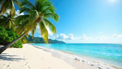 Obraz premium White sand beach, palm trees sway gently in breeze , seascape, vegetation