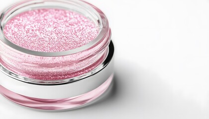 Pink glitter cosmetic container on a white background.