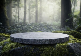 Grey Stone Platform On Mossy Rock In Misty Forest