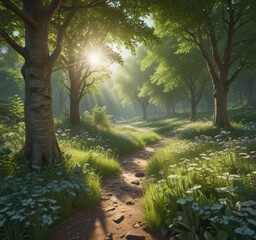 Emerald canopy, wildflowers by crystal stream, dappled sunlight,  peaceful,  vegetation,  scenery