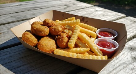 Golden brown soy protein nuggets with crinkle-cut fries in a cardboard fast food container. BBQ and ketchup dipping sauces, picnic table setting