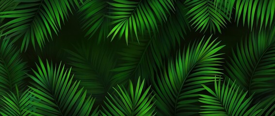Dark green seamless pattern with palm leaves, textured background for textile or wallpaper design.