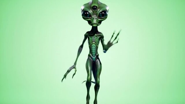 A green alien figure with large head and black eyes dancing against a green backdrop