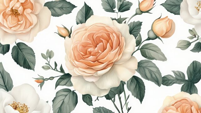 Classic Soft Peach and Cream Watercolor Roses Floral Pattern - Powered by Adobe