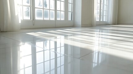 Clean White Ceramic Tile Floor with Sunlight Reflections