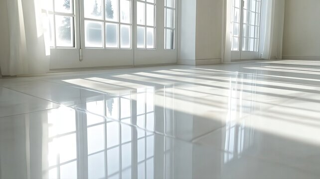 Clean White Ceramic Tile Floor with Sunlight Reflections