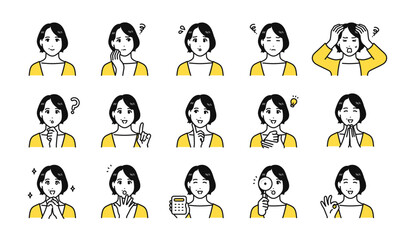 中年女性の表情アイコンセット
