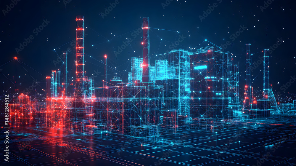 Fototapete futuristic industrial cityscape with wireframe buildings glowing in blue and red. a high-tech networ