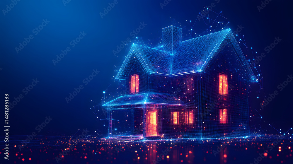 Fototapete Futuristic house design rendered with digital lines and points. The warm glow from the windows contrasts beautifully with the cool blue network. A compelling abstract wireframe in dark blue.