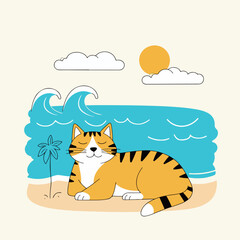 Relaxing Tiger Cat on Beach