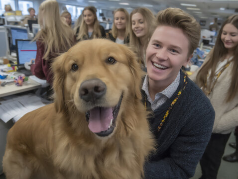lively and fun office snapshot of colleagues playfully interacting with a friendly office dog, petting it and laughing, modern office with dog toys,