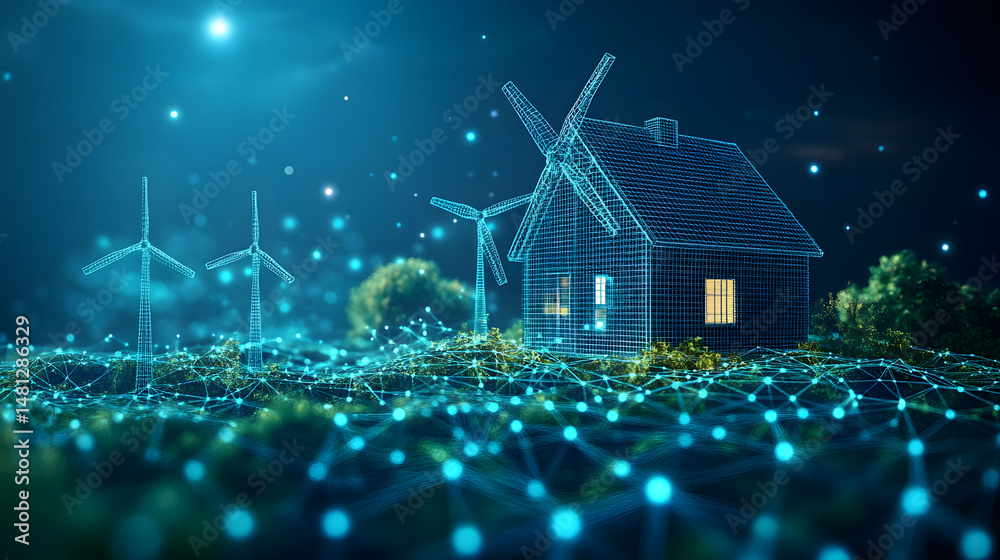 Aufkleber futuristic scene with wireframe windmill, house, and turbines connected by a glowing network under a