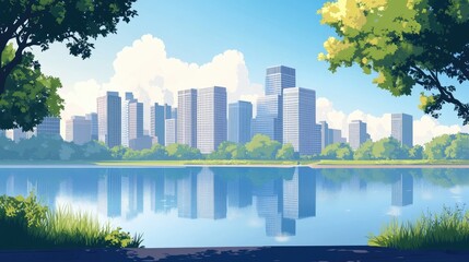 Obraz premium A vibrant city skyline featuring tall skyscrapers reflecting in a serene lake. surrounded by lush greenery and fluffy clouds. creating a picturesque urban landscape