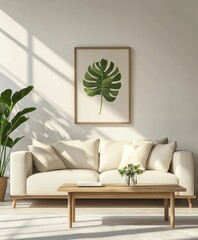 A cozy living room featuring a light-colored sofa adorned with plush pillows. a wooden coffee table. and a large green plant. with a framed leaf artwork on the wall