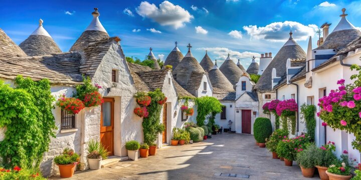 Traditional Italian white-washed Trulli houses in Alberobello town square with lush greenery and colorful flowers surrounding the historic buildings, whitewash, architecture