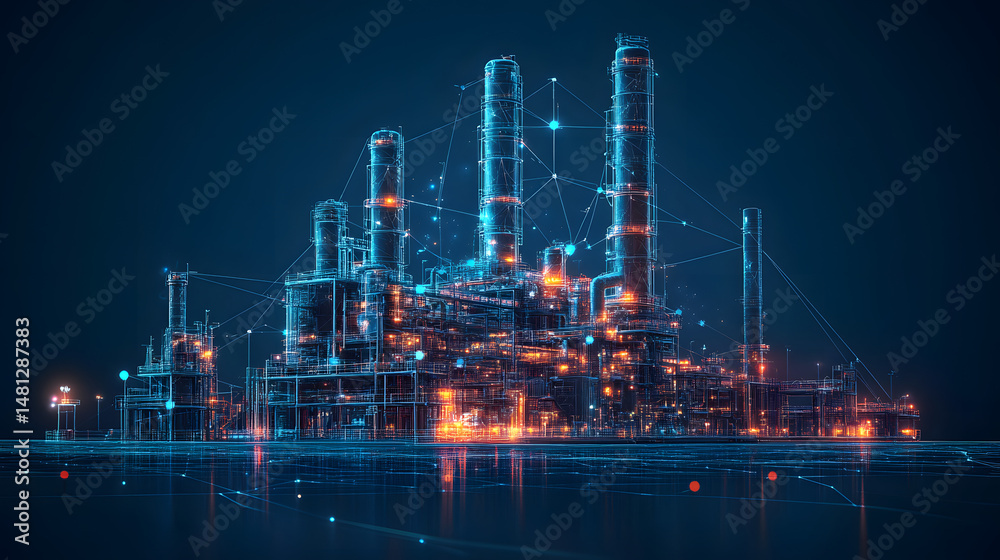 Poster futuristic industrial complex with glowing wireframe structures reflected on a liquid surface. abstr