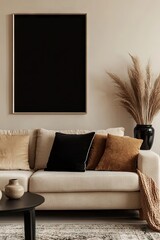 A stylish living room featuring a modern couch adorned with pillows. a round coffee table with decorative items. and a blank wall ready for artwork. creating a cozy atmosphere