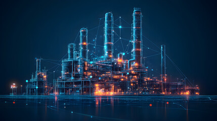 Fototapeta premium Futuristic industrial complex with glowing wireframe structures reflected on a liquid surface. Abstract representation of energy production. High-tech, modern design. Abstract wireframe in dark blue.