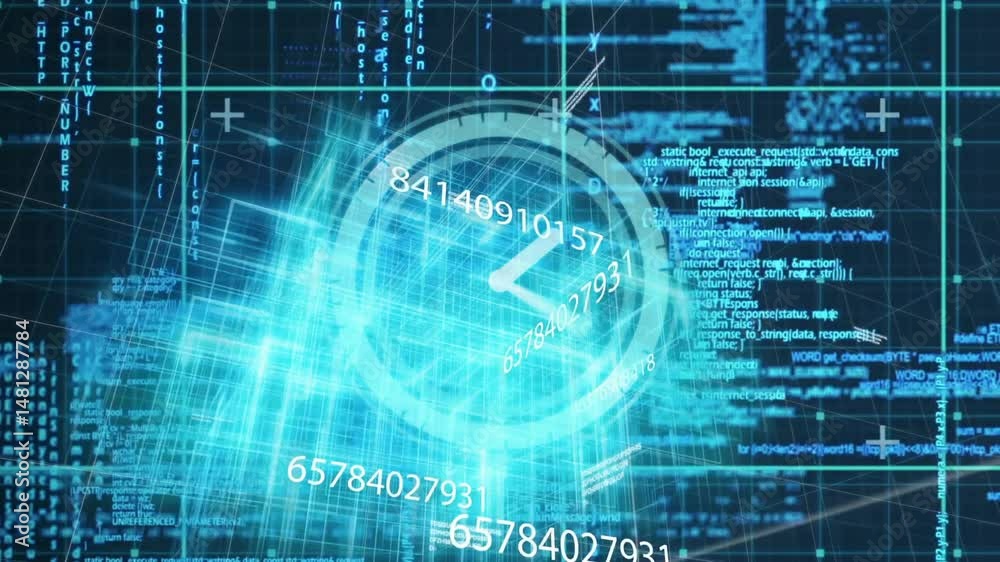 Poster luminous turquoise circular dial rotating over glowing grid lines streaming digital code fragments
