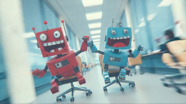 Cartoon robots racing on office chairs through a hallway, playful take on AI-first company culture and workplace automation