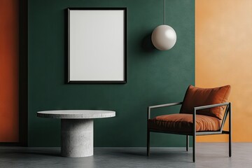 A serene modern living room featuring a plush white armchair with an orange cushion. a round concrete table. and a large blank frame on a vibrant green wall. ideal for interior design inspiration
