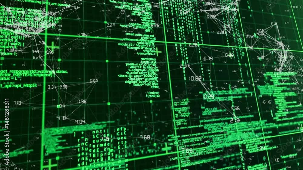 Poster abstract digital network visualization being animated on dark grid, showing green code and nodes