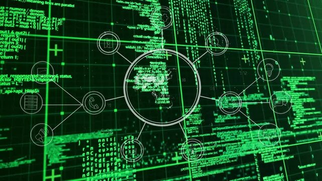 Central network hub being rendered in 3D on dark grid, connecting icon circles with glowing lines