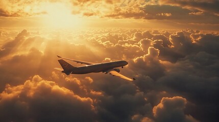 Airplane flying above golden clouds during sunset with sun rays shining through clouds