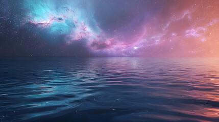 Obraz premium Mystic Celestial Ocean: A mesmerizing view of ocean under a starlit sky that creates an otherworldly vibe. Capture the tranquility and allure of this surreal landscape.