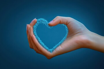 Obraz premium Close-up of hands forming a heart shape with a delicate blue textured outline against a blue gradient background, conveying care and affection