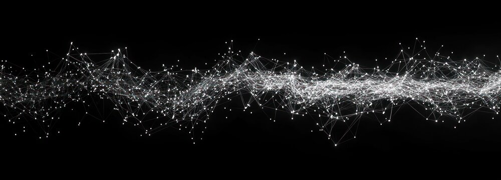 Abstract digital network of white connected dots and lines forming a complex wave pattern on a black background conveying technology and data flow