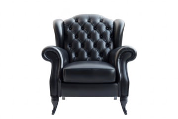 Black leather chesterfield armchair with button-tufted backrest and ornate curved arm design isolated on a transparent background