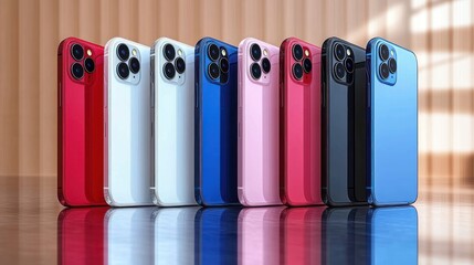 A lineup of nine modern smartphones in multiple colors including red, white, blue, pink, black, and light blue displayed upright on a reflective surface with a blurred indoor background
