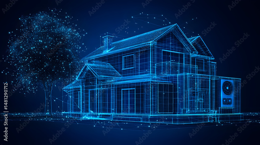 Poster futuristic home and tree illustration depicting modern architecture and nature's integration. ideal 