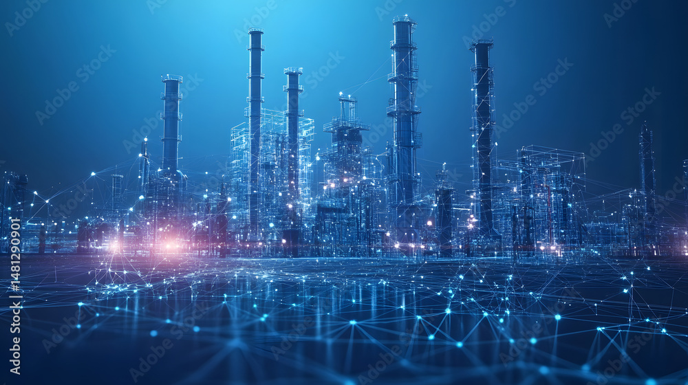 Leinwandbilder Futuristic industrial cityscape glows with neon blue light. Intricate wireframe structures and towering chimneys create a technologically advanced, abstract view. Abstract wireframe in dark blue.