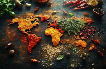 World map created with various colorful spices and herbs laid out on a dark surface, evoking creativity and culinary diversity