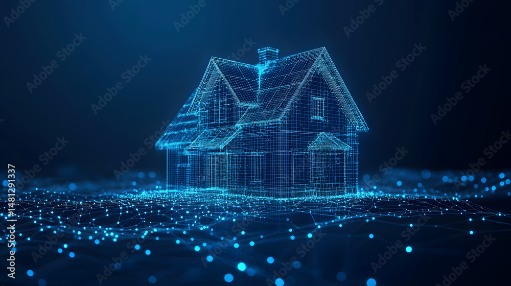 Leinwandbilder futuristic digital home concept. blue wireframe house on a glowing network symbolizes smart home tec