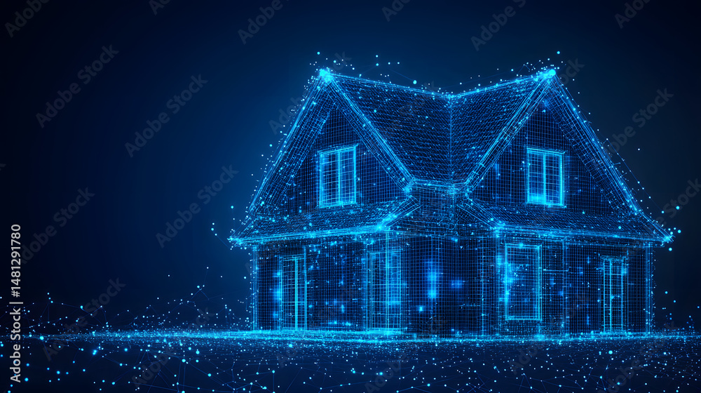 Poster futuristic home concept rendered as a glowing blue wireframe. represents modern architecture and tec