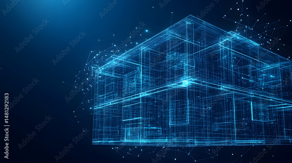 Fototapete futuristic blue wireframe structure against a dark backdrop, showcasing interconnected digital netwo