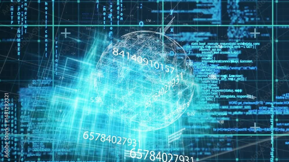 Poster wireframe sphere rotating at center in digital network, displaying floating code and grid planes