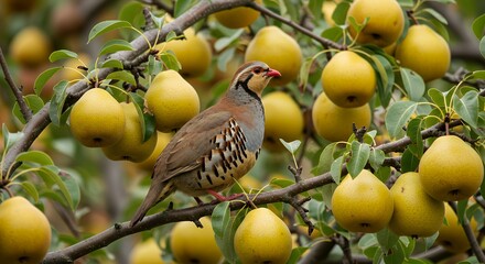 Partridge Bird on Pear Tree Branch with Yellow Fruit