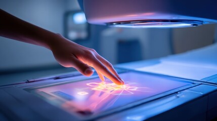 Close up reveals the hand touching the diagnostic machine's glowing display, showcasing technology integration in modern medical analysis system